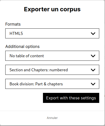Formulaire d'export d'un corpus
